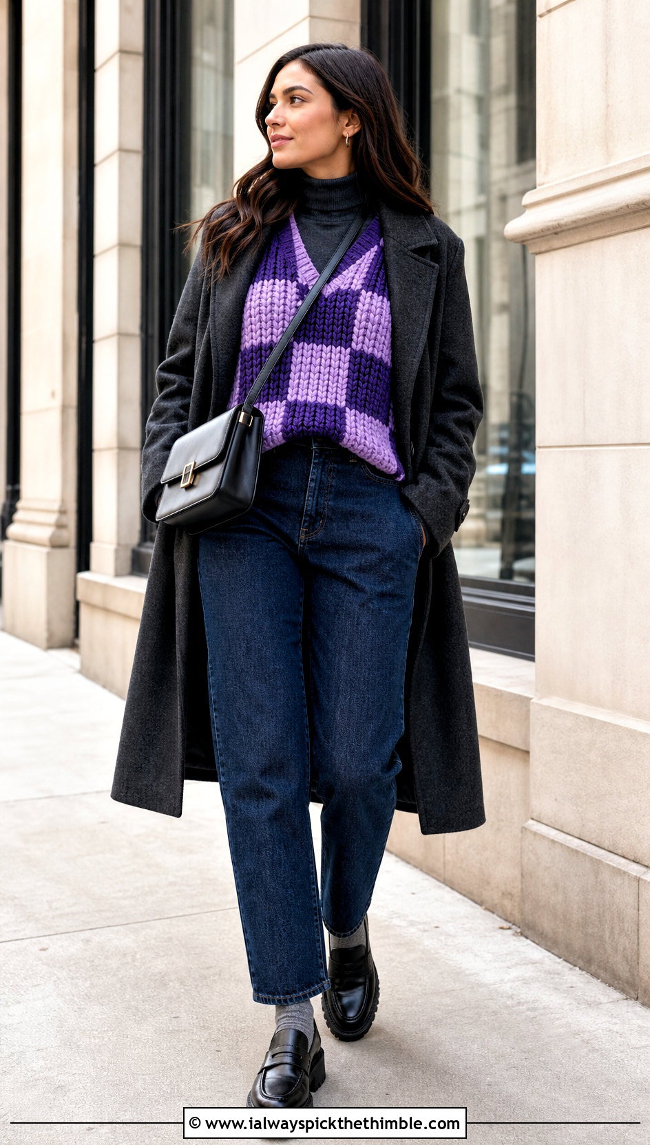 Chunky Ribbed Checkered Crochet Vest With Turtleneck And Straight Jeans - 20 checkered crochet vest outfit ideas