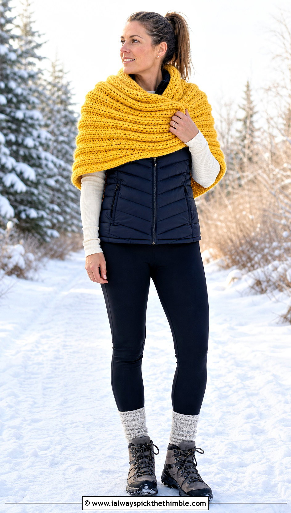 Chunky Ribbed Circle Crochet Shawl With Puffer Vest And Leggings - 20 Circle Crochet Shawl outfit ideas