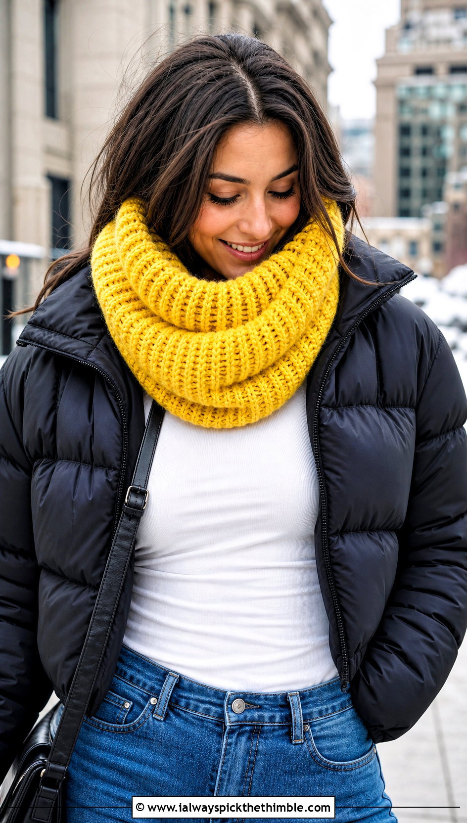 Chunky Ribbed Cowl Neck Crochet Scarf With Puffer Jacket - 20 Cowl Neck Crochet Scarf outfit ideas