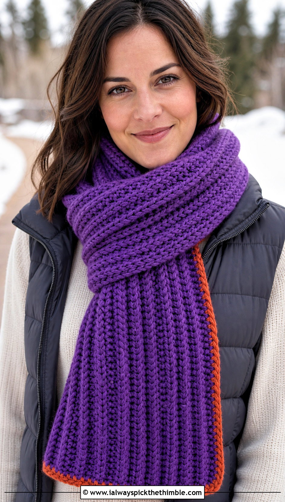 Chunky Ribbed Crayon Scarf With Puffer Vest - 15 Crochet Crayon Scarf outfit ideas