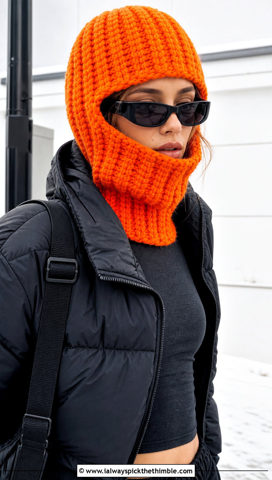 Chunky Ribbed Crochet Balaclava With Puffer Jacket - 20 crochet balaclava hat outfit ideas