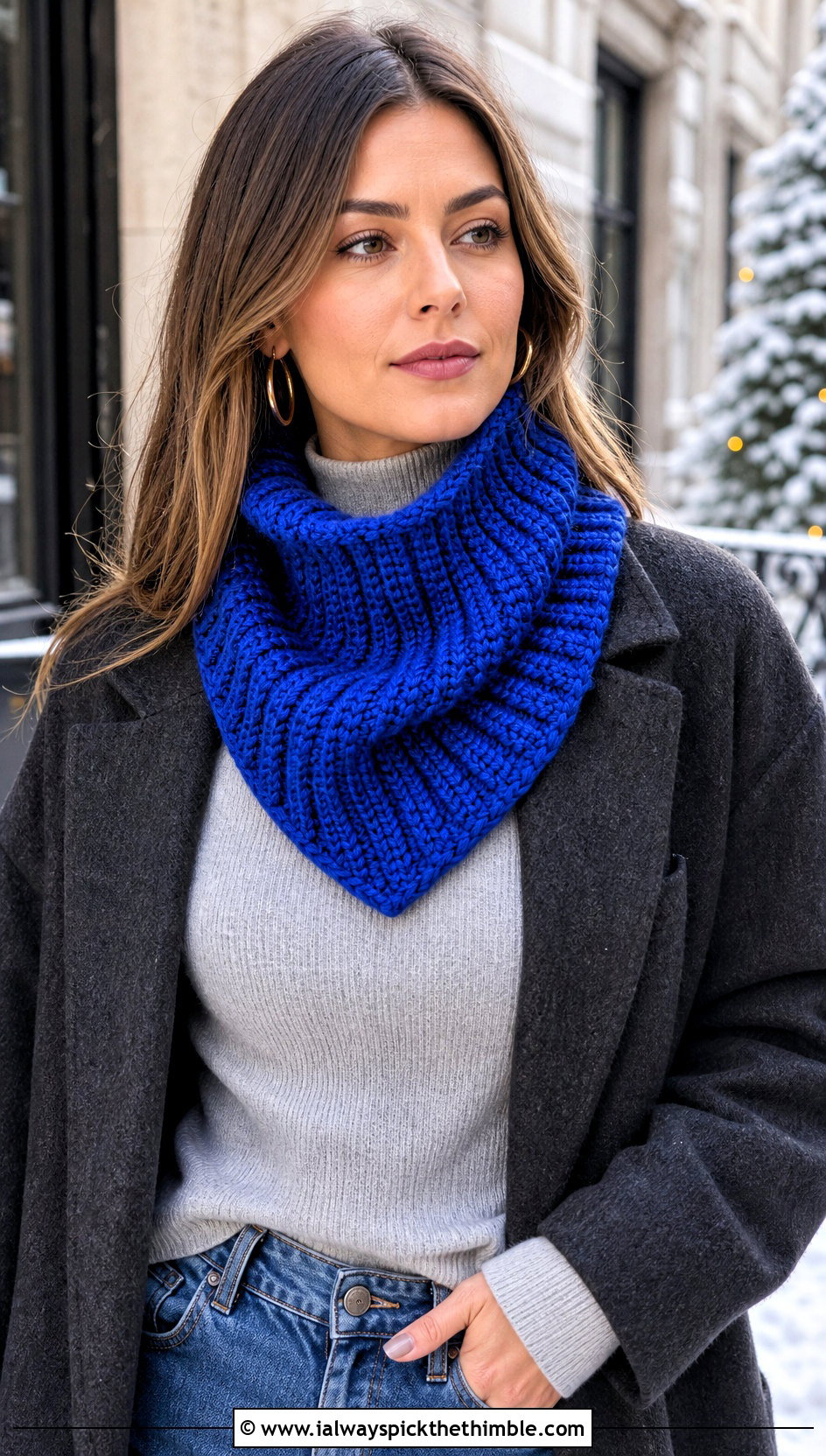 Chunky Ribbed Crochet Bandana Cowl With Wool Coat - 20 crochet bandana cowl outfit ideas
