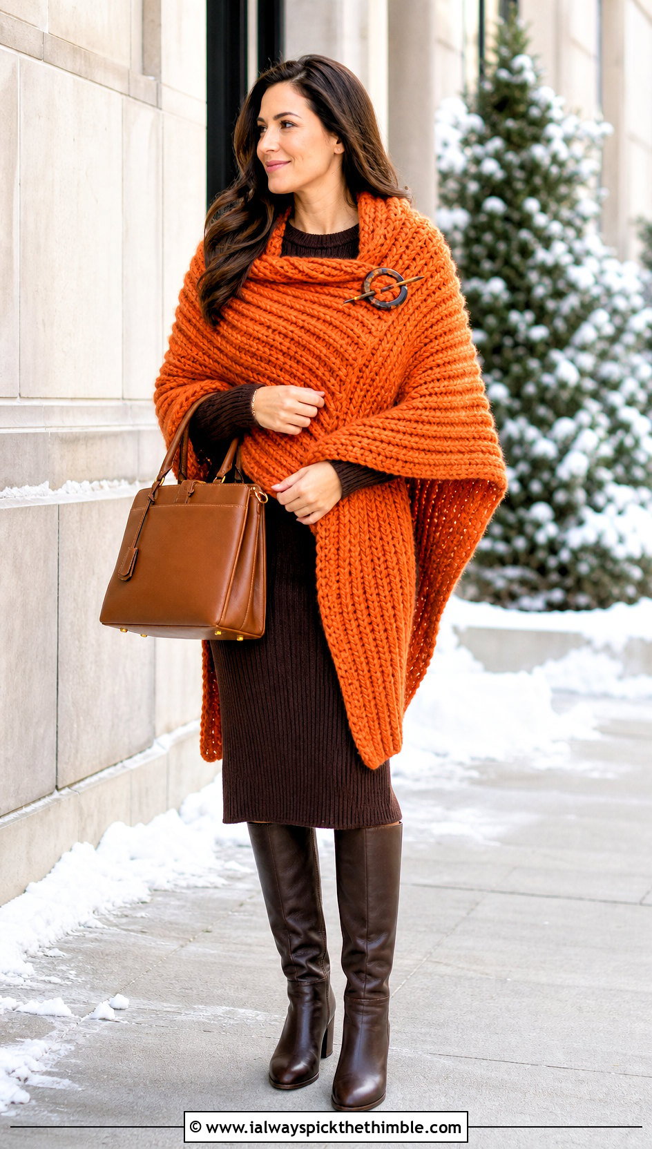 Chunky Ribbed Crochet Blanket Shawl With Sweater Dress - 20 crochet blanket shawl outfit ideas