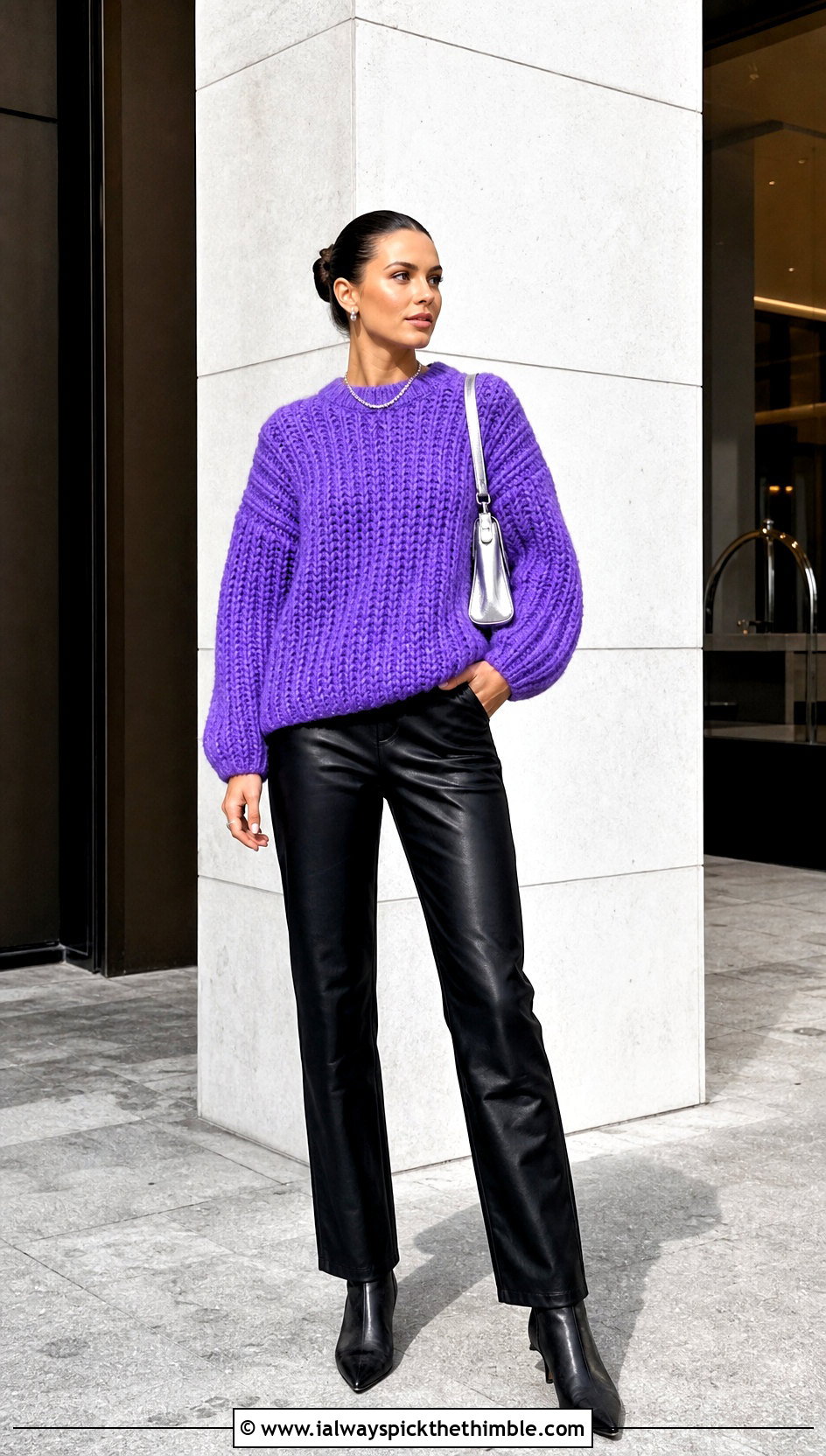 Chunky Ribbed Crochet Bulky Sweater With Leather Pants - 20 Crochet Bulky Sweater outfit ideas