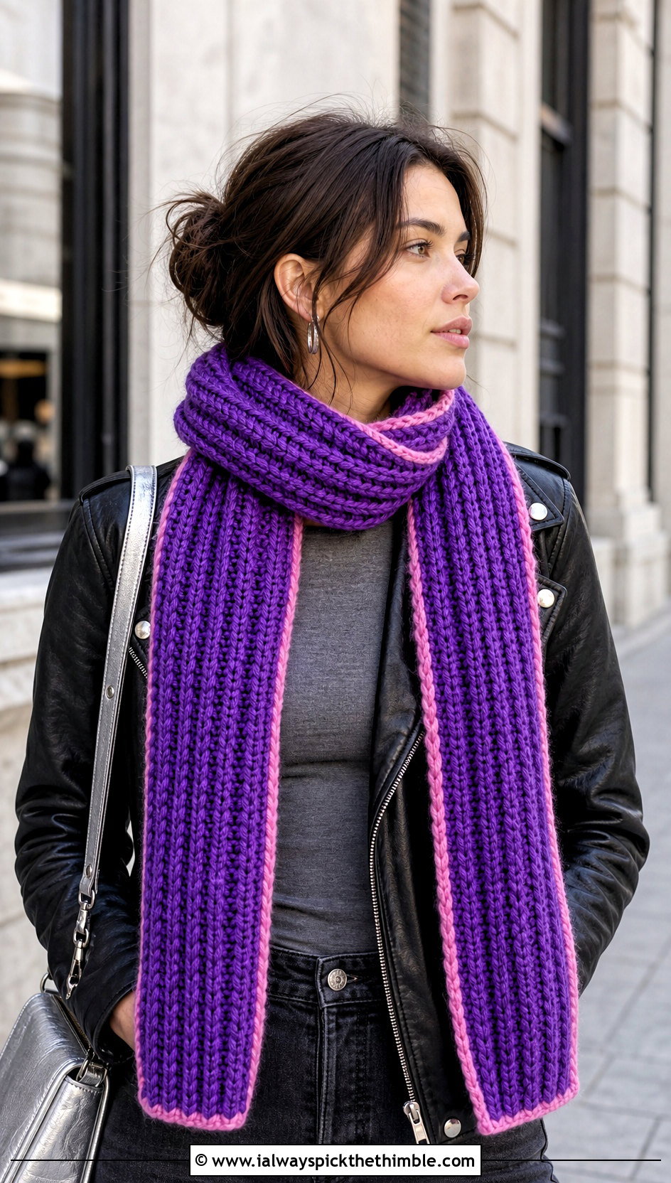 Chunky Ribbed Crochet Candy Scarf With Leather Jacket - 15 crochet candy scarf outfit ideas