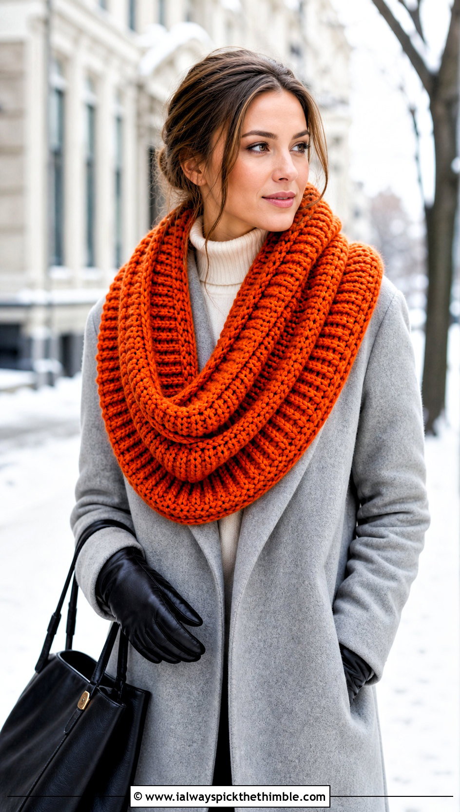 Chunky Ribbed Crochet Cowl Shawl With Wool Coat - 20 crochet cowl shawl outfit ideas