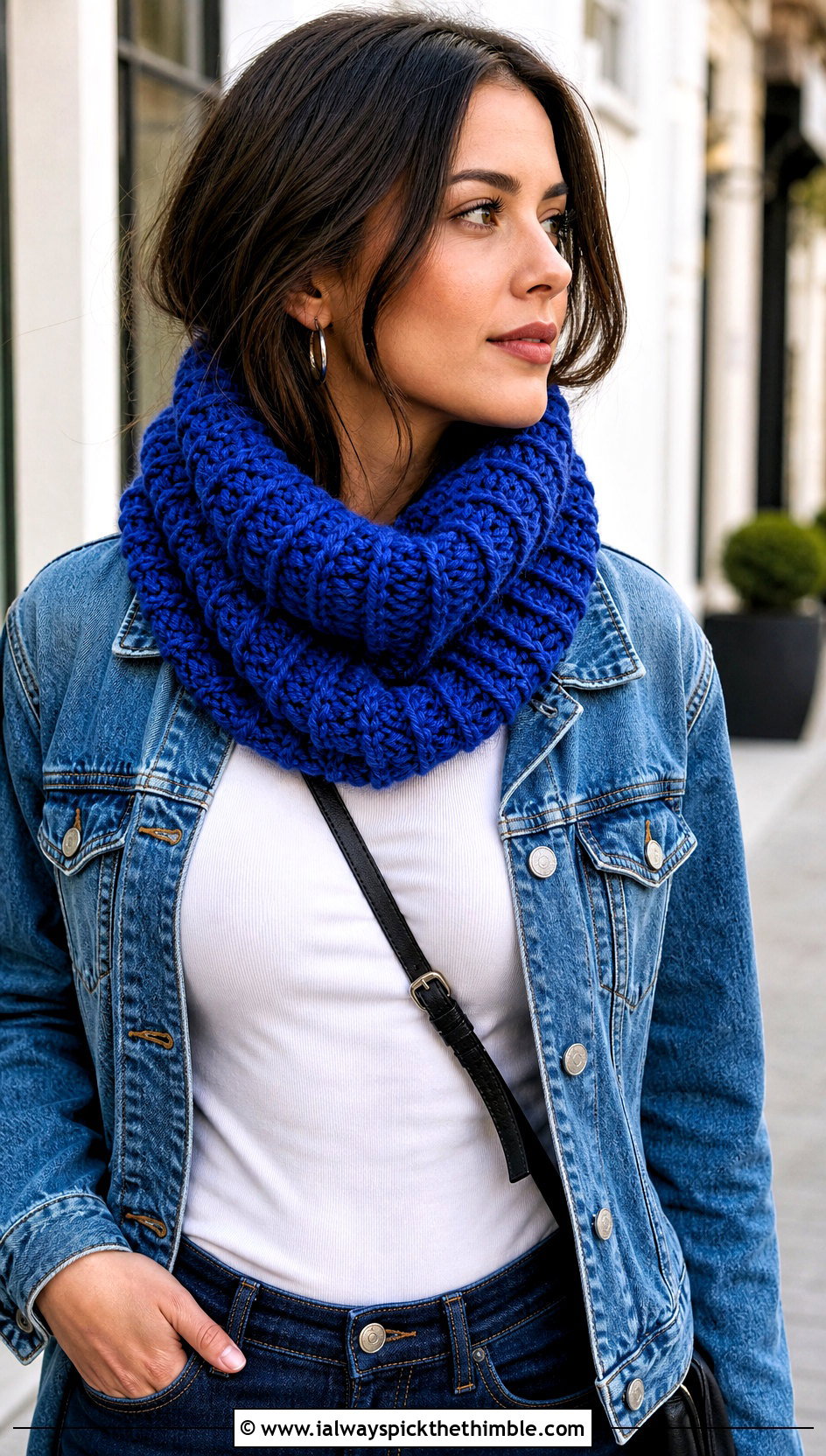 Chunky Ribbed Crochet Cowl With Denim Jacket - 20 Simple Crochet Cowl outfit ideas