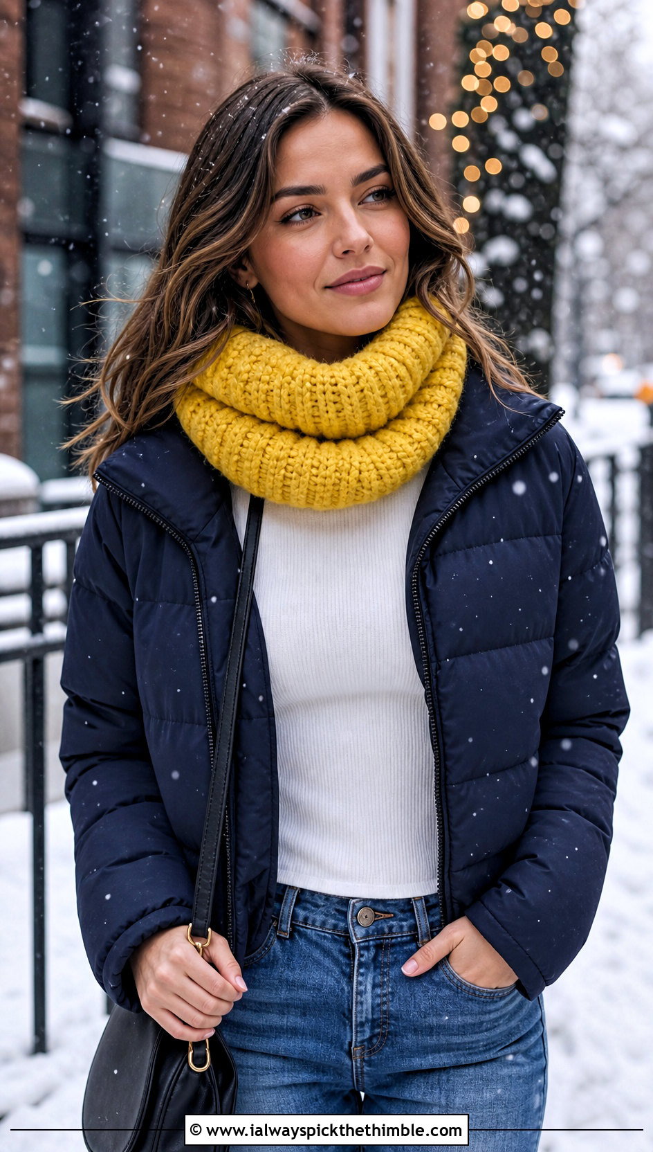 Chunky Ribbed Crochet Cowl With Puffer Jacket - 20 cowl crochet scarf outfit ideas