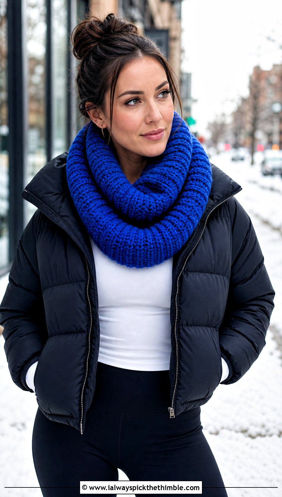 Chunky Ribbed Crochet Cowl With Puffer Jacket - 25 crochet cowl outfit ideas