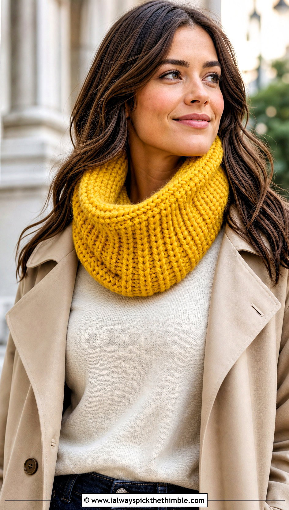 Chunky Ribbed Crochet Cowl With Trench Coat - 20 crochet chunky cowl outfit ideas