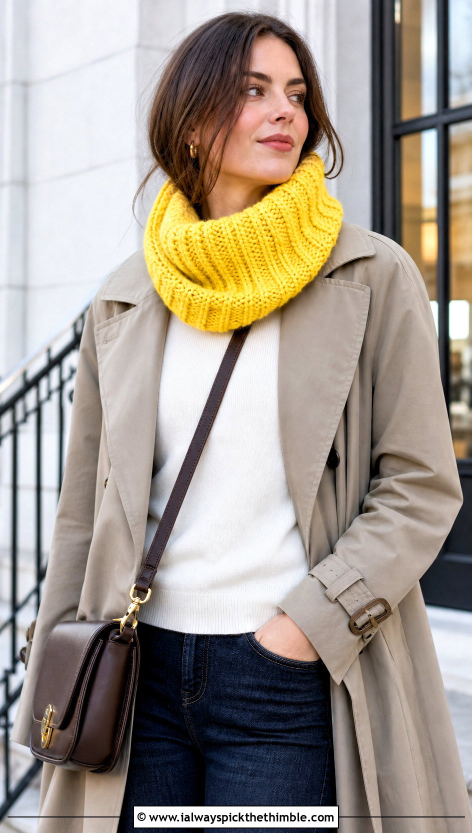 Chunky Ribbed Crochet Cowl With Trench Coat - 20 chunky crochet cowl outfit ideas