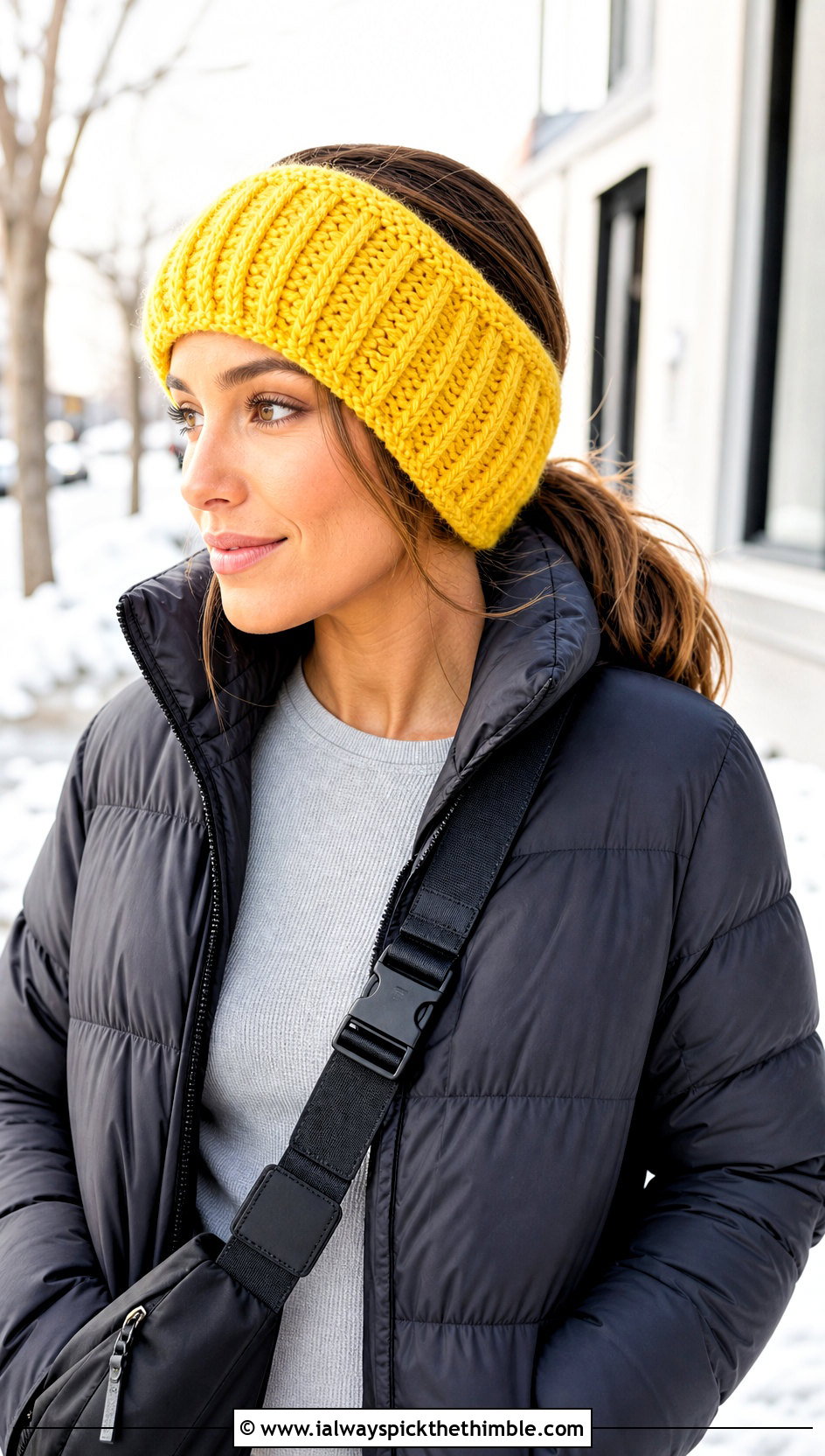 Chunky Ribbed Crochet Ear Wrap With Puffer Jacket - 20 crochet ear wrap outfit ideas