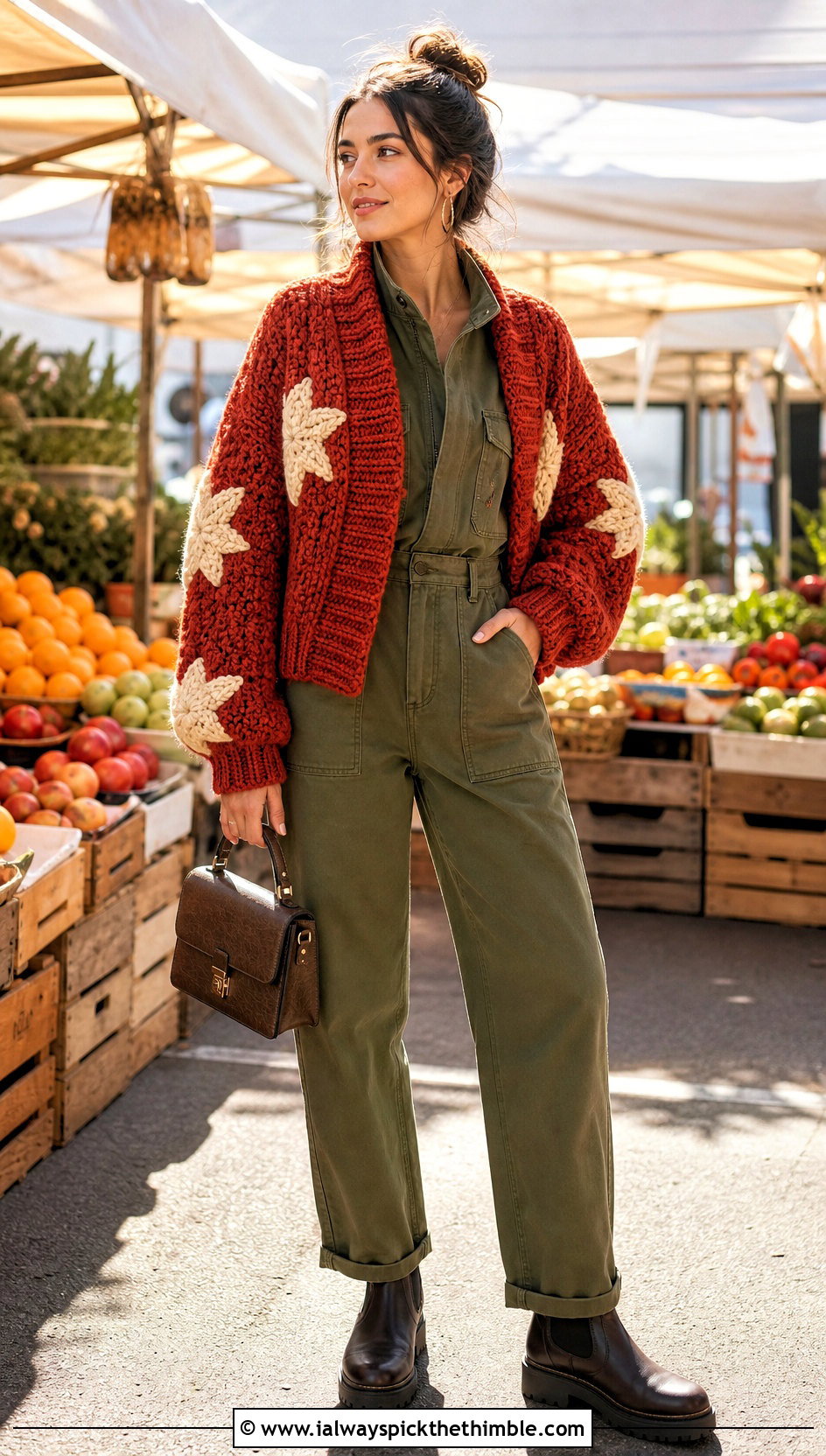 Chunky Ribbed Crochet Folklore Cardigan With Utility Jumpsuit - 25 crochet folklore cardigan outfit ideas