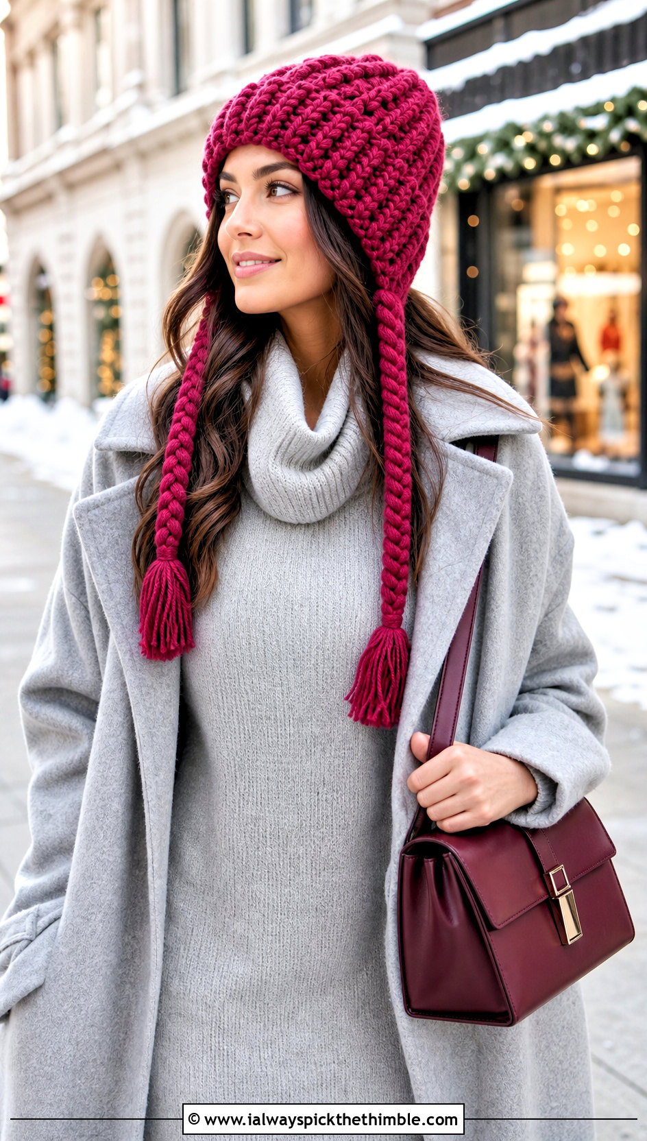 Chunky Ribbed Crochet Hat With Braids And Sweater Dress - 20 crochet hat with braids outfit ideas