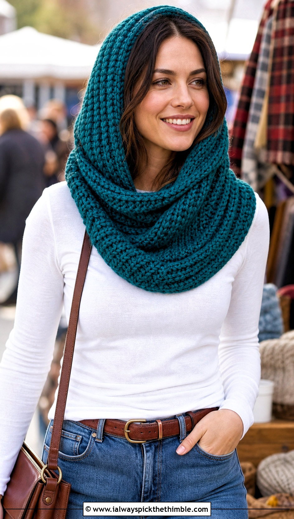 Chunky Ribbed Crochet Hooded Cowl With Straight Leg Jeans - 20 easy crochet hooded cowl outfit ideas