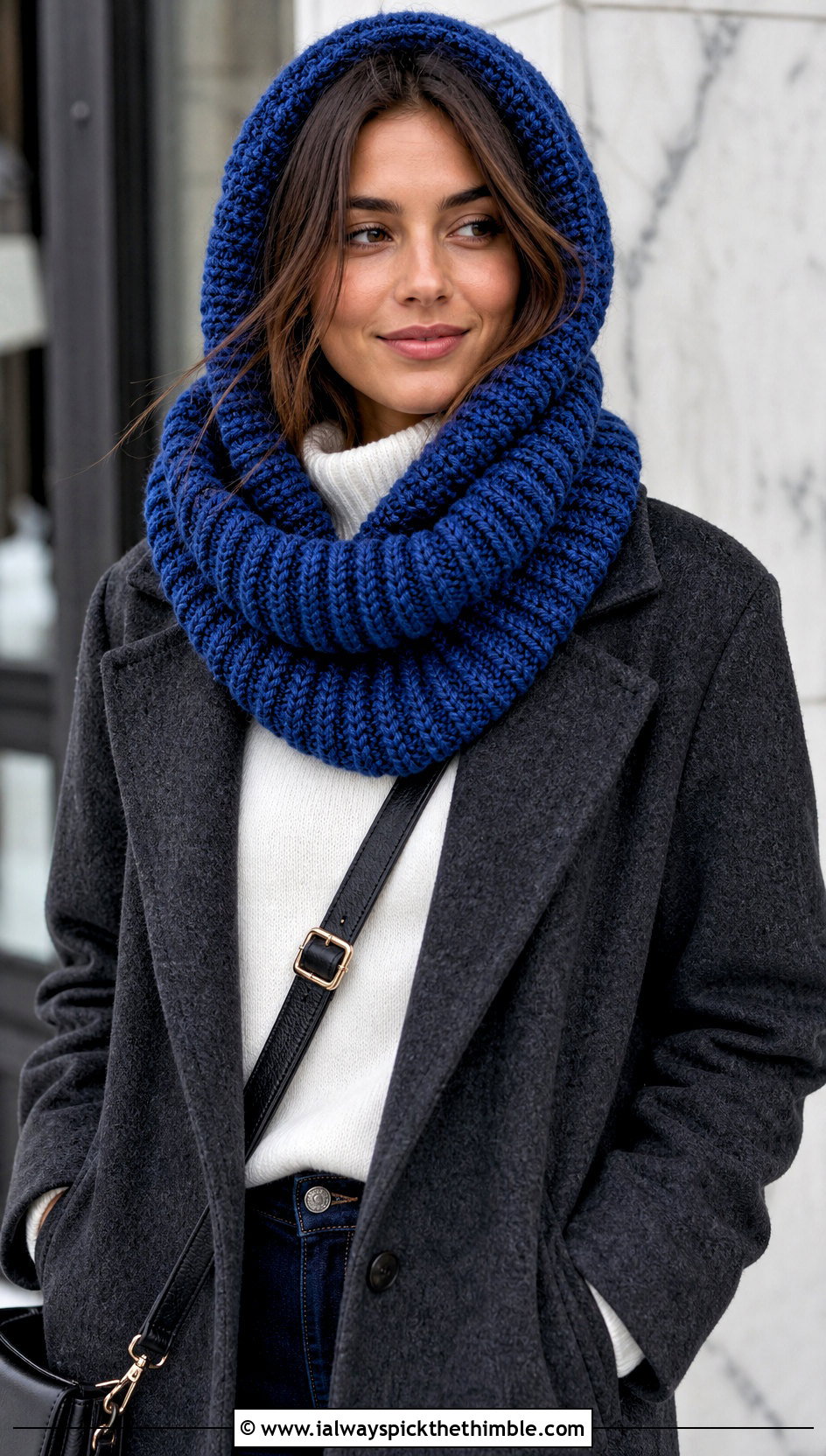 Chunky Ribbed Crochet Hooded Cowl With Wool Coat - 25 crochet hooded cowl outfit ideas