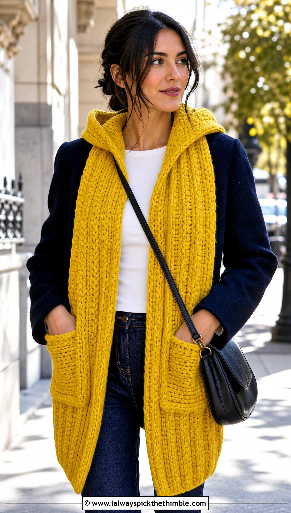 Chunky Ribbed Crochet Hooded Pocket Scarf With Straight Leg Jeans - 20 crochet hooded pocket scarf outfit ideas