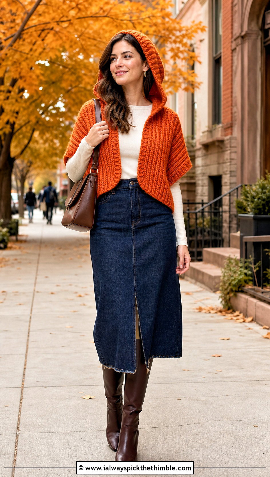 Chunky Ribbed Crochet Hooded Shrug With Denim Skirt - 20 Crochet Hooded Shrug outfit ideas