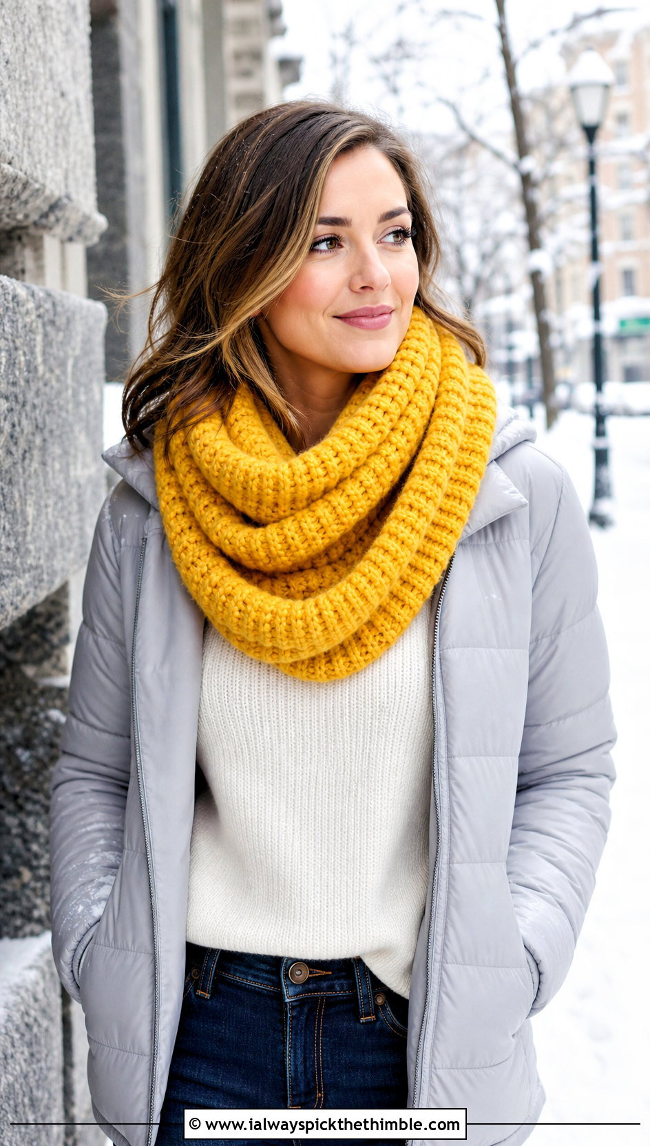 Chunky Ribbed Crochet Infinity Scarf With Puffer Jacket - 20 crochet infinity scarves outfit ideas