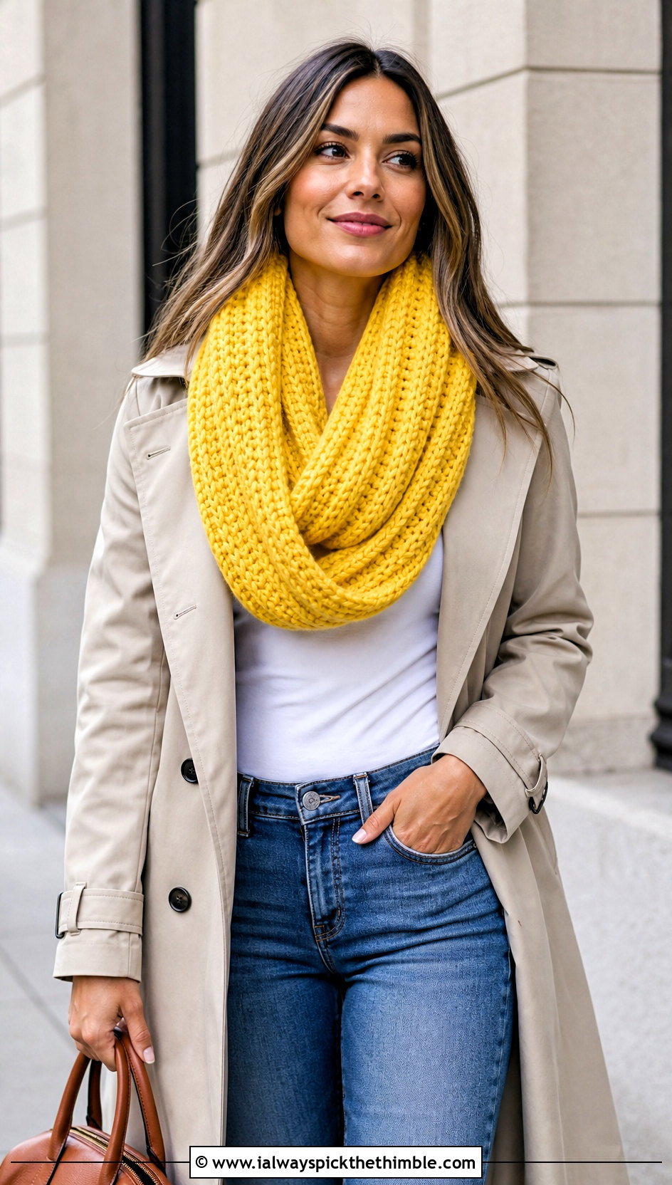 Chunky Ribbed Crochet Infinity Scarf With Trench Coat - 20 easy crochet infinity scarf outfit ideas