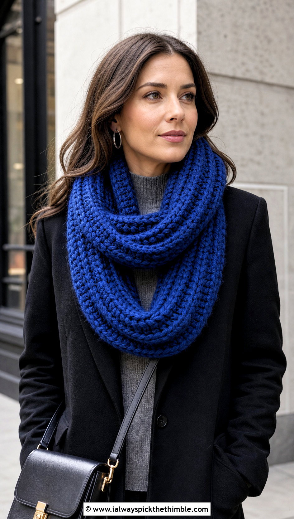 Chunky Ribbed Crochet Infinity Scarf With Wool Coat - 20 infinite crochet scarf outfit ideas