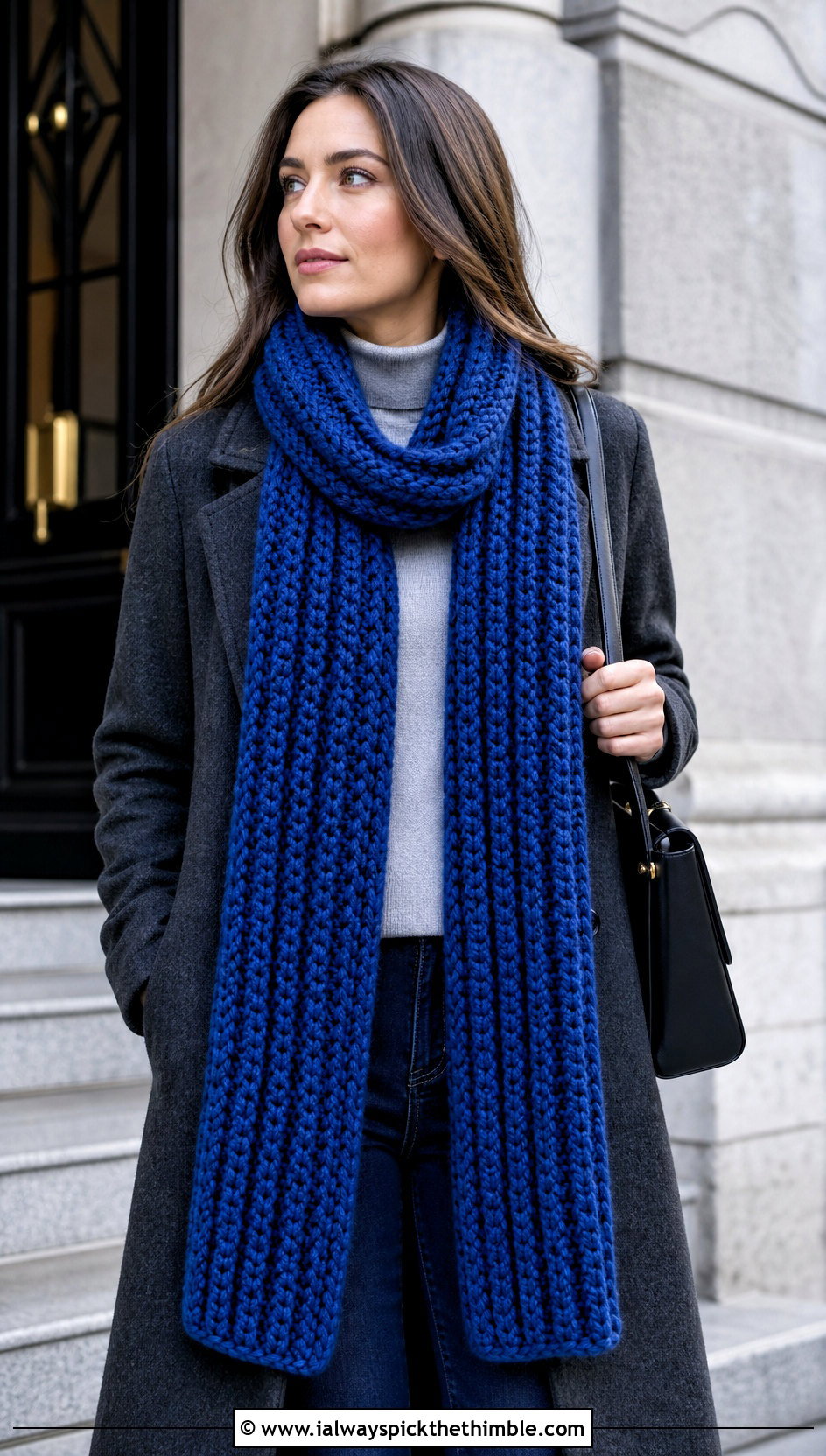 Chunky Ribbed Crochet Long Scarf With Wool Coat - 20 Crochet Long Scarf outfit ideas