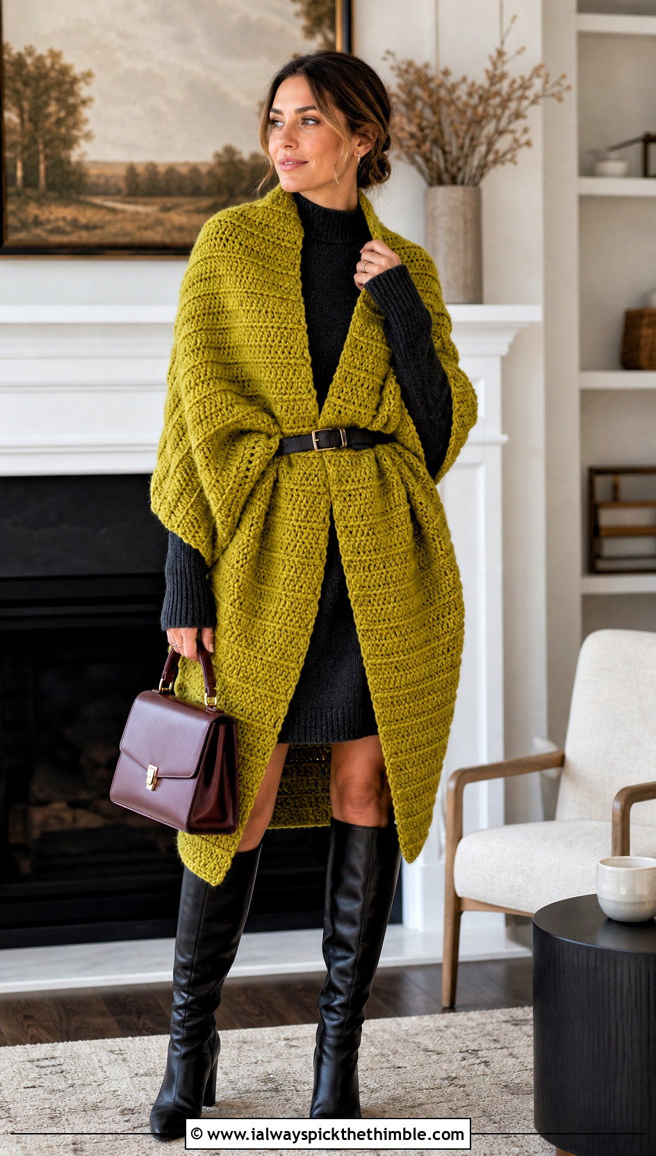Chunky Ribbed Crochet Long Shawl With Sweater Dress - 20 Crochet Long Shawl outfit ideas