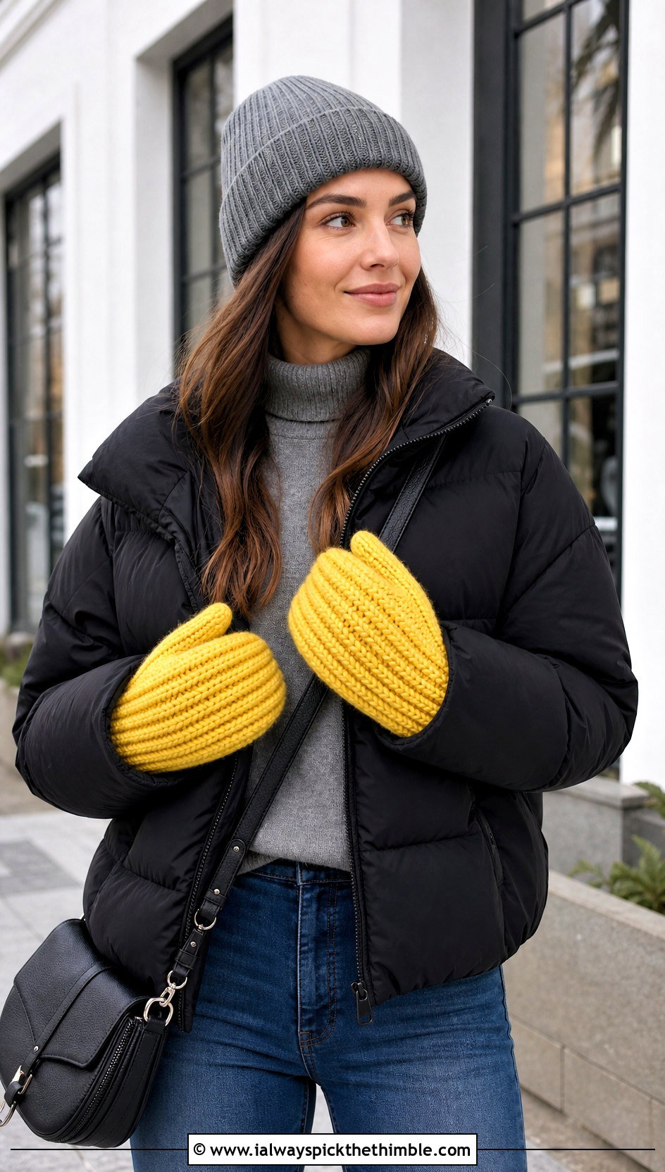 Chunky Ribbed Crochet Mittens With Puffer Coat - 20 women crochet mittens outfit ideas