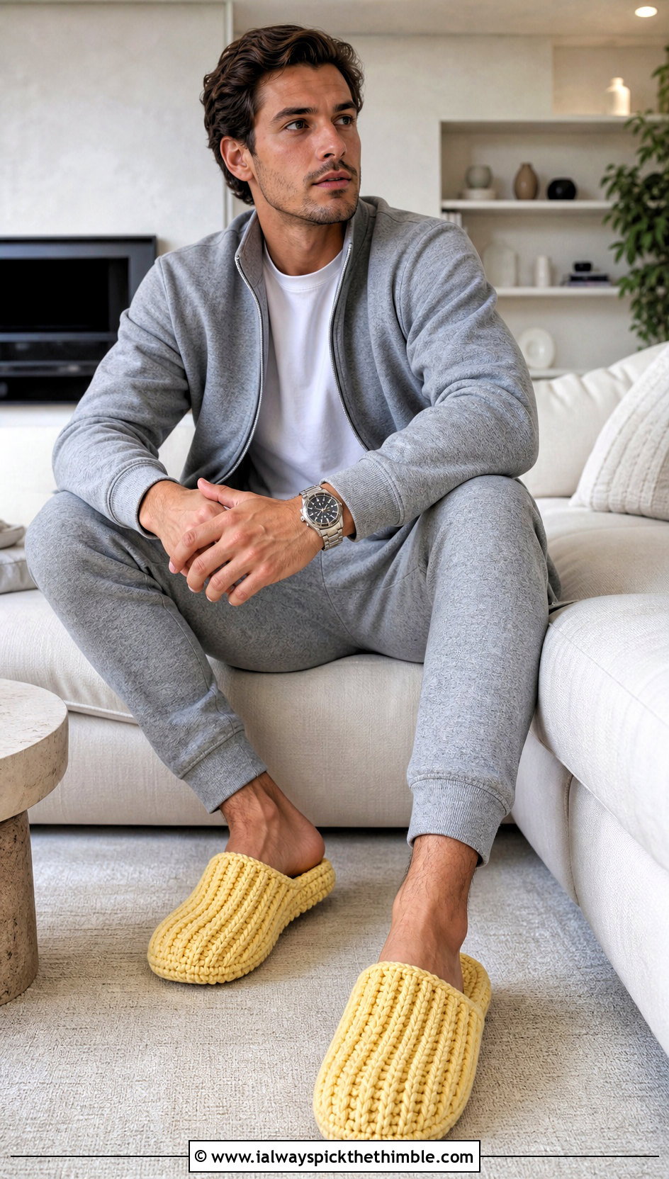Chunky Ribbed Crochet Mule Slippers With Lounge Set - 20 crochet men's slippers outfit ideas