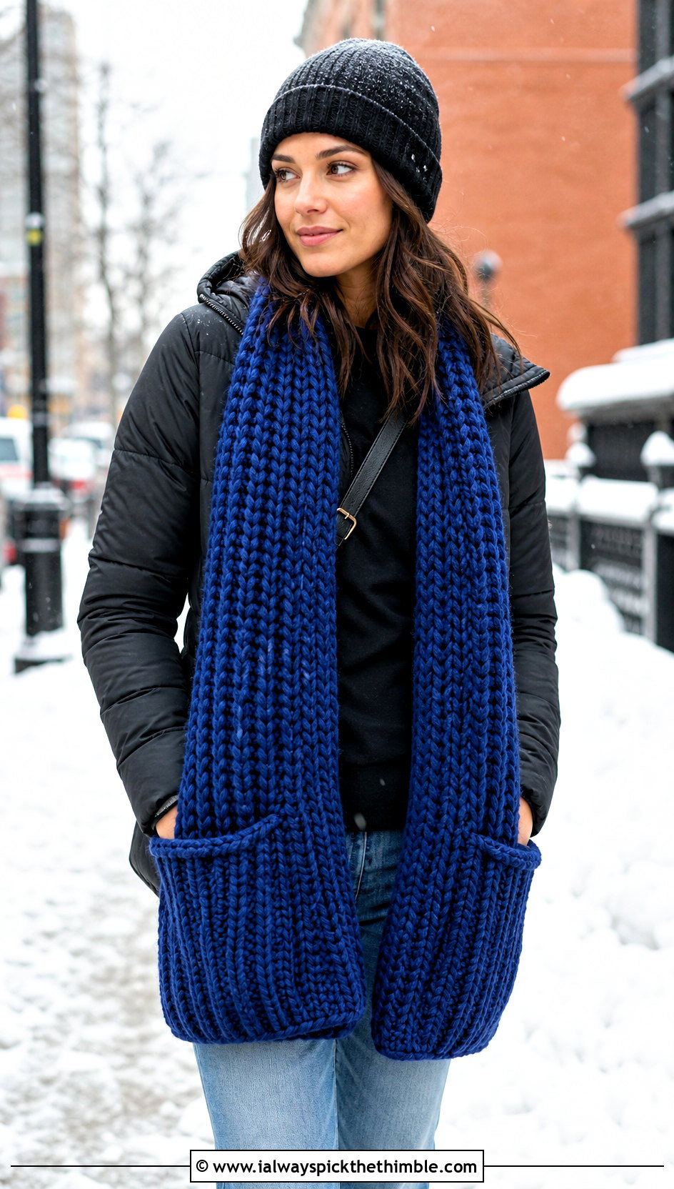 Chunky Ribbed Crochet Pocket Scarf With Puffer Jacket - 15 Crochet Scarf With Hand Pockets outfit ideas