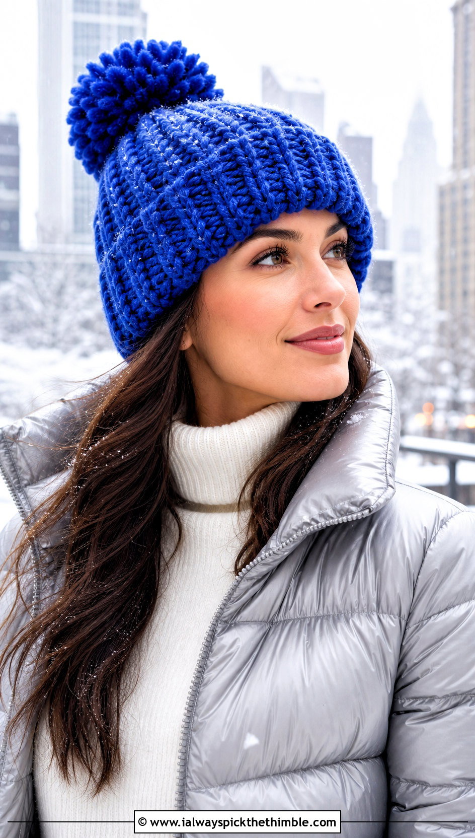 Chunky Ribbed Crochet Pom Pom Beanie With Puffer Jacket - 20 crochet beanie with pom pom outfit ideas