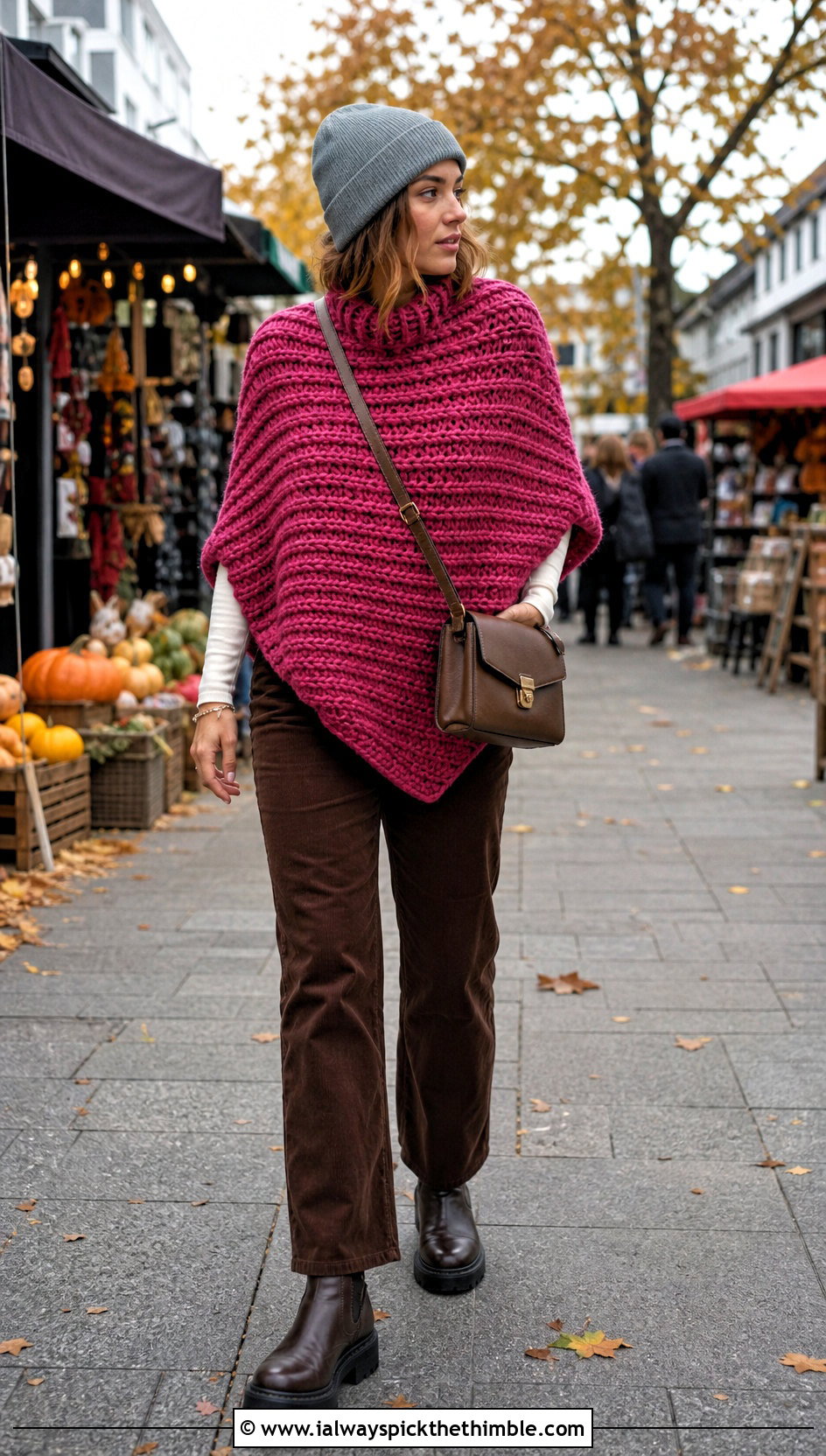 Chunky Ribbed Crochet Poncho With Corduroy Pants - 20 ladies crochet poncho outfit ideas