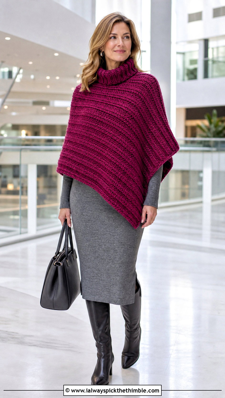 Chunky Ribbed Crochet Poncho With Knit Dress - 25 crochet poncho woman outfit ideas