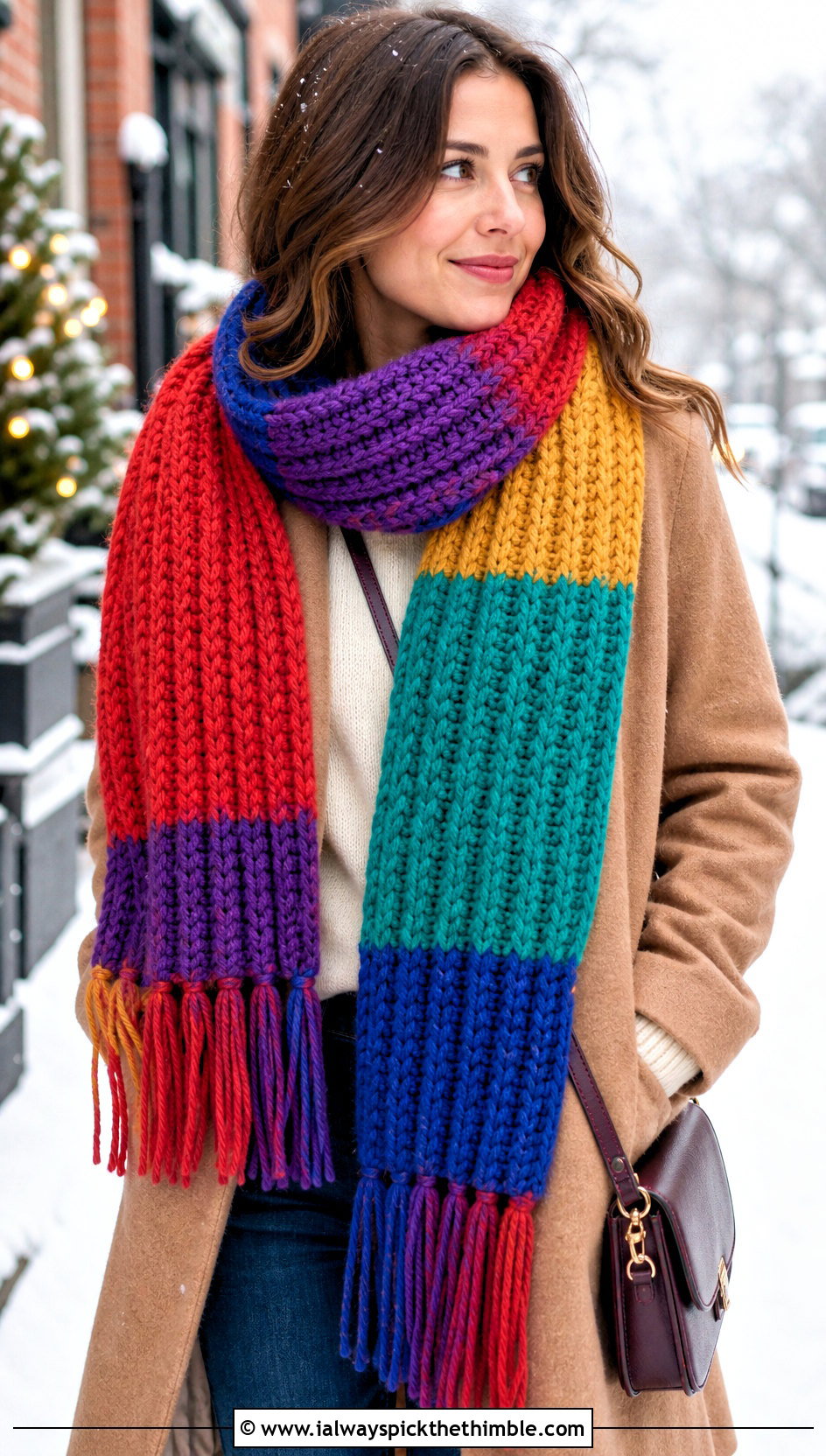 Chunky Ribbed Crochet Rainbow Scarf With Wool Coat And Jeans - 15 Crochet Rainbow Scarf outfit ideas