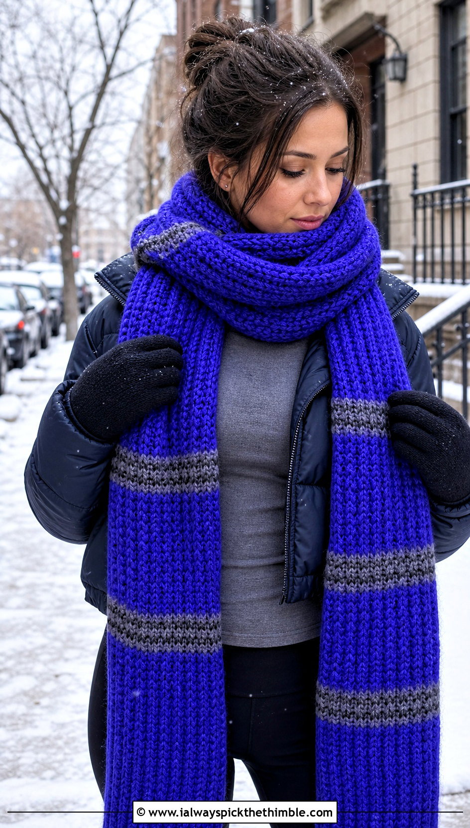 Chunky Ribbed Crochet Ravenclaw Scarf With Puffer Jacket - 25 crochet ravenclaw scarf outfit ideas