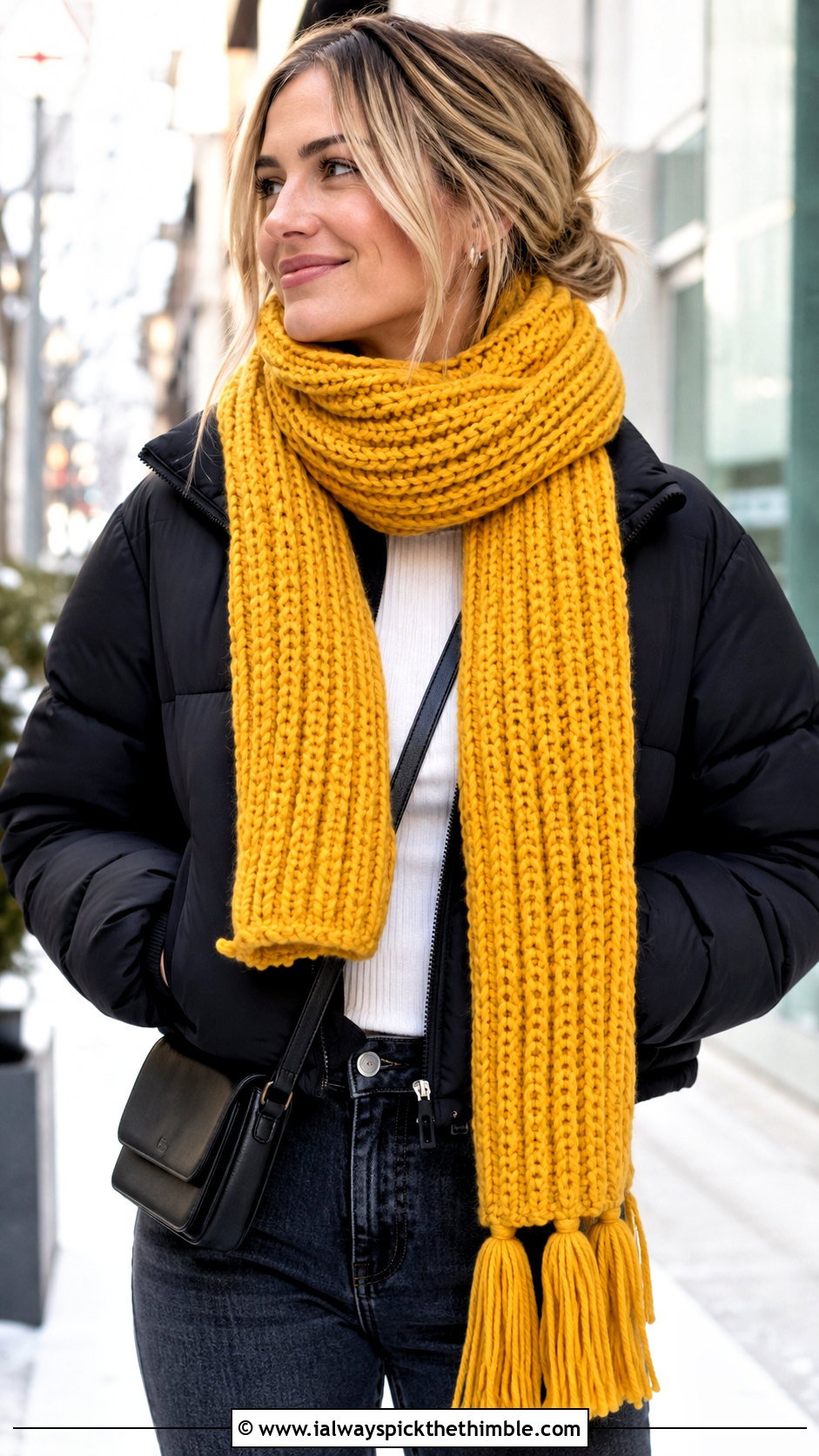 Chunky Ribbed Crochet Scarf With Puffer Coat - 25 crochet winter scarf outfit ideas