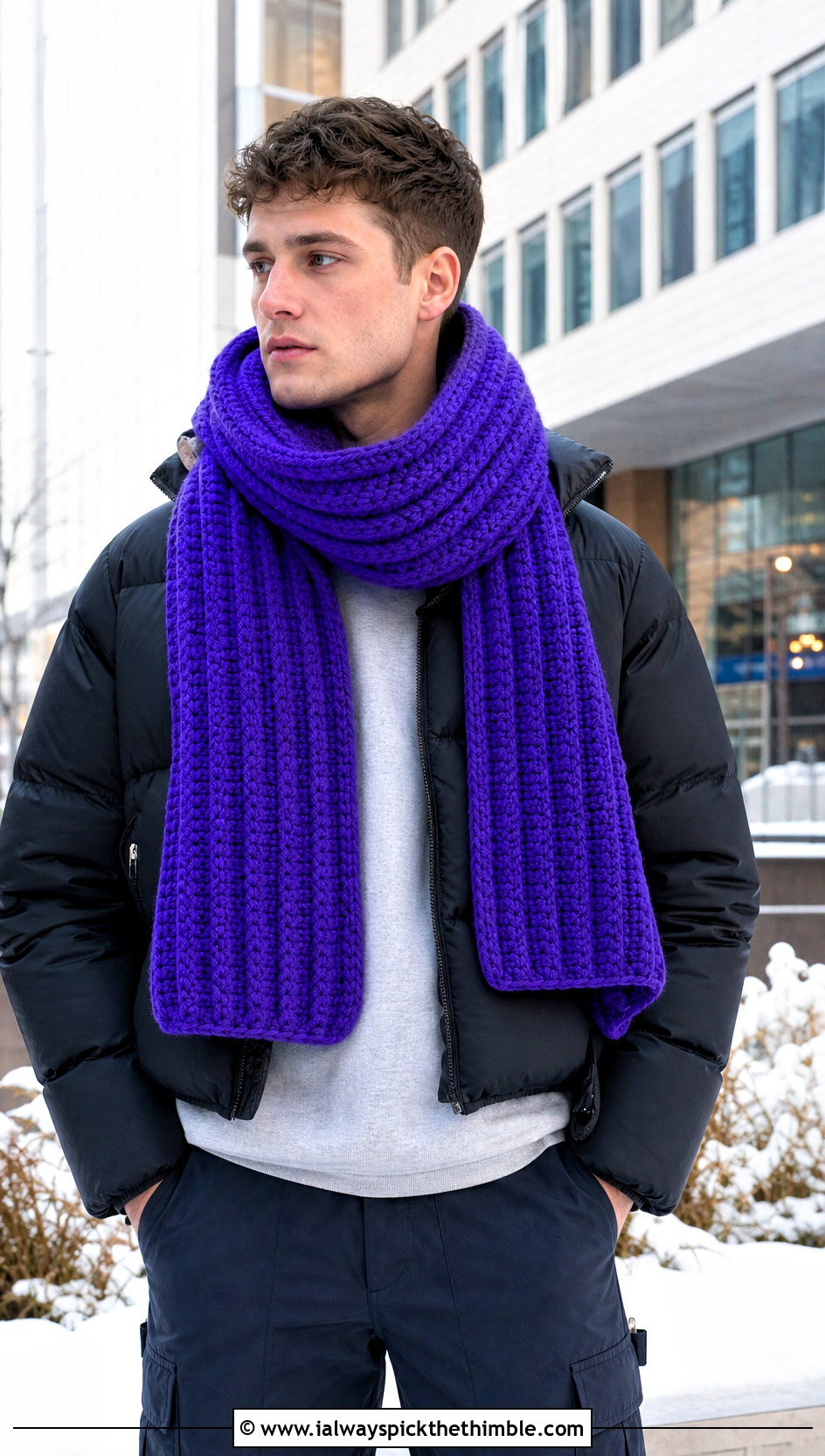 Chunky Ribbed Crochet Scarf With Puffer Jacket - 20 men's crocheted scarf outfit ideas