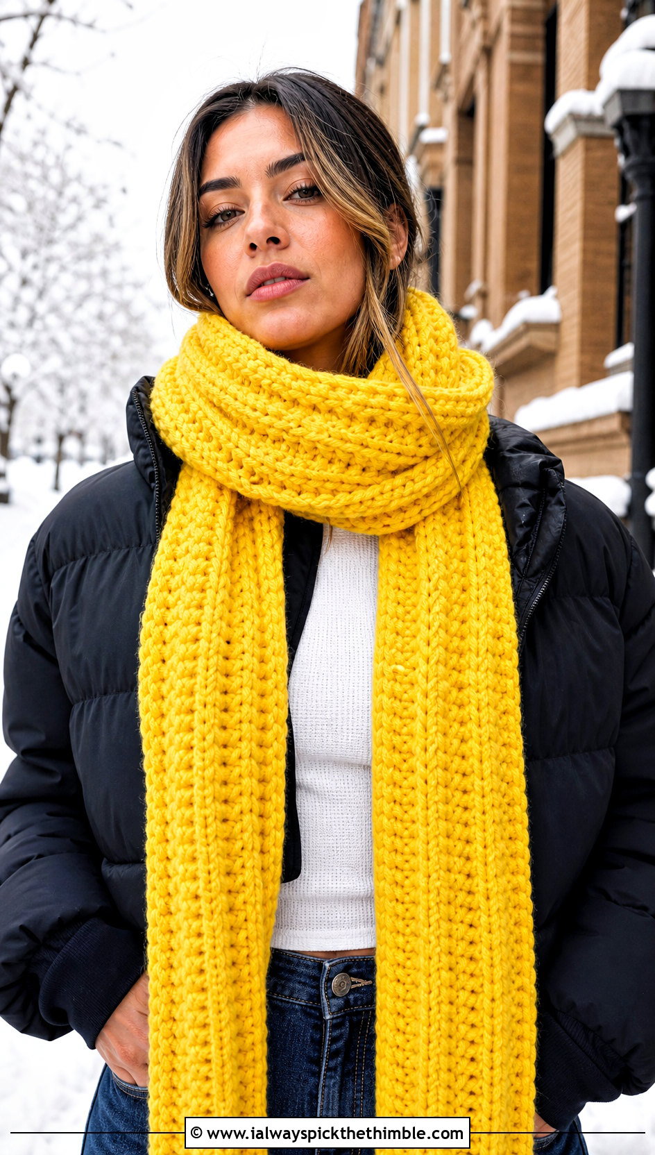 Chunky Ribbed Crochet Scarf With Puffer Jacket - 25 Winter Crochet Scarf outfit ideas