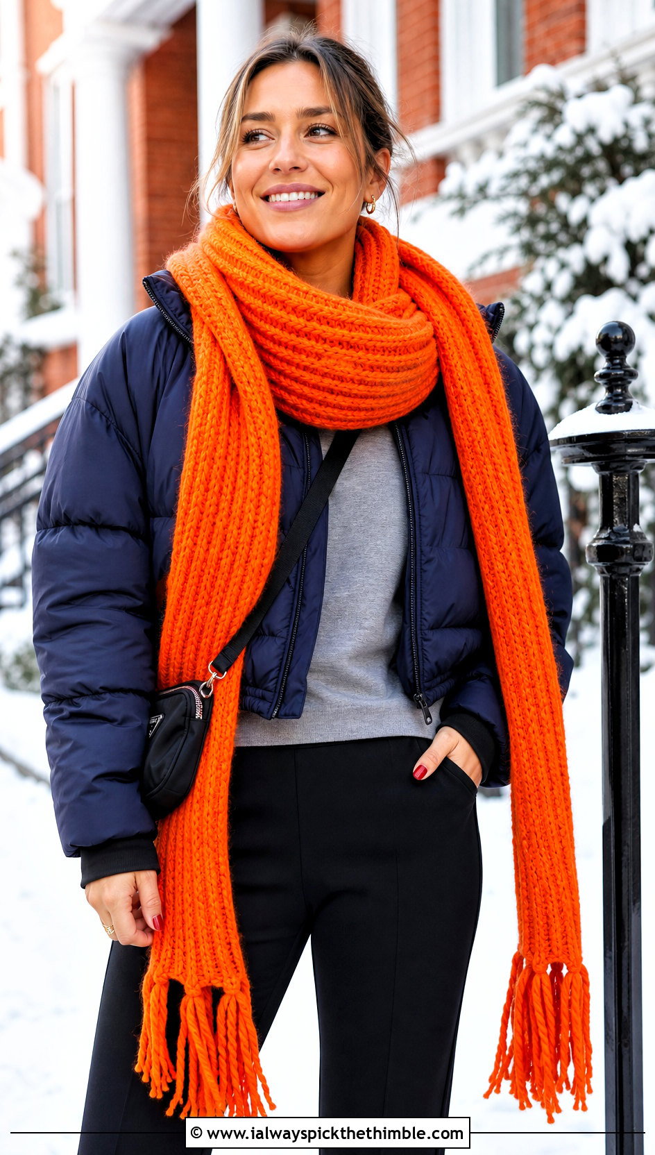 Chunky Ribbed Crochet Scarf With Puffer Jacket - 20 unique crochet scarf outfit ideas