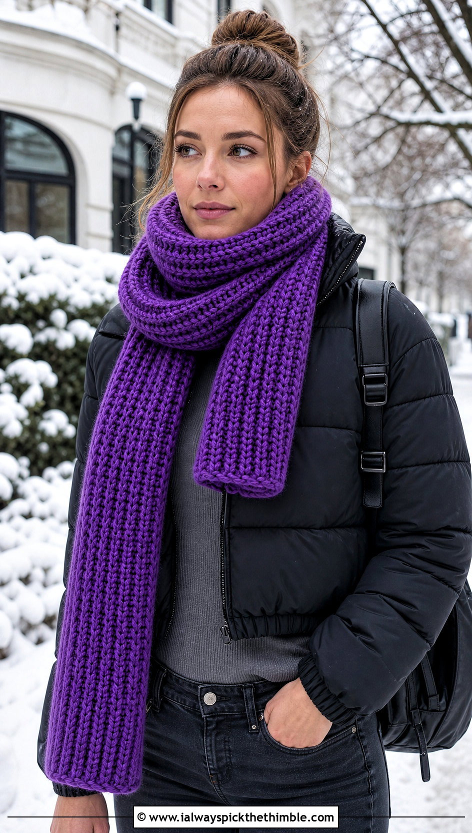 Chunky Ribbed Crochet Scarf With Puffer Jacket - 25 crochet neck scarf outfit ideas