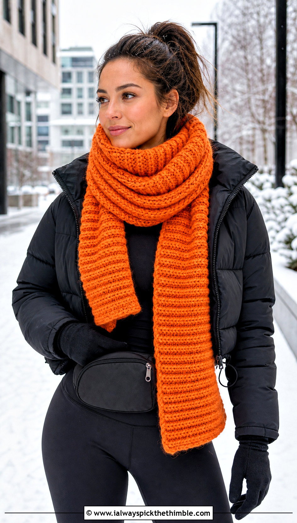 Chunky Ribbed Crochet Scarf With Puffer Jacket - 25 crochet scarf outfit ideas