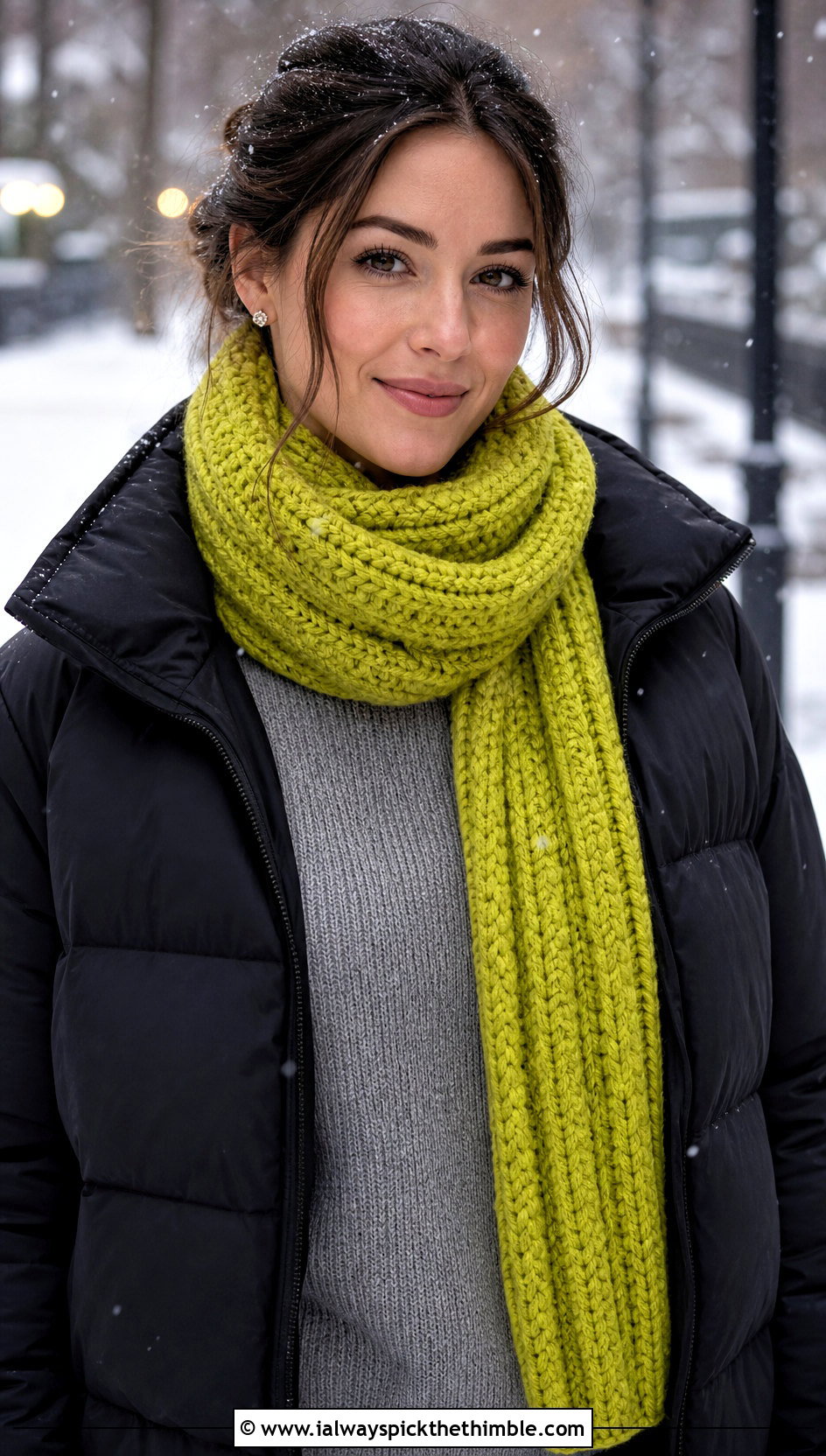 Chunky Ribbed Crochet Scarf With Puffer Jacket - 25 cute crochet scarf outfit ideas