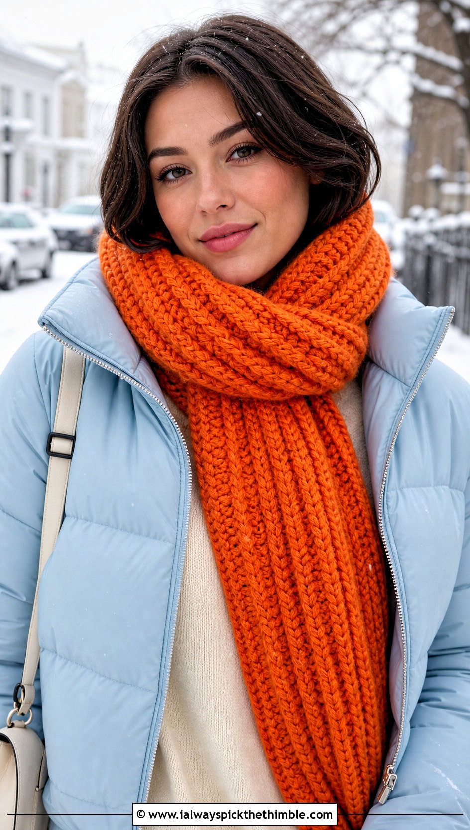 Chunky Ribbed Crochet Scarf With Puffer Jacket - 25 easy one skein crochet scarf outfit ideas