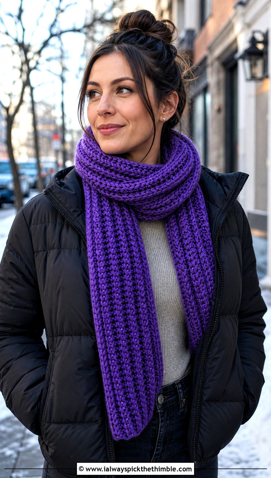 Chunky Ribbed Crochet Scarf With Puffer Jacket - 25 quick crochet scarf outfit ideas