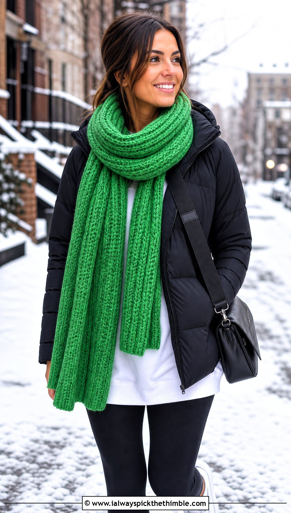 Chunky Ribbed Crochet Scarf With Puffer Jacket And Leggings - 20 Elegant Crochet Scarf outfit ideas