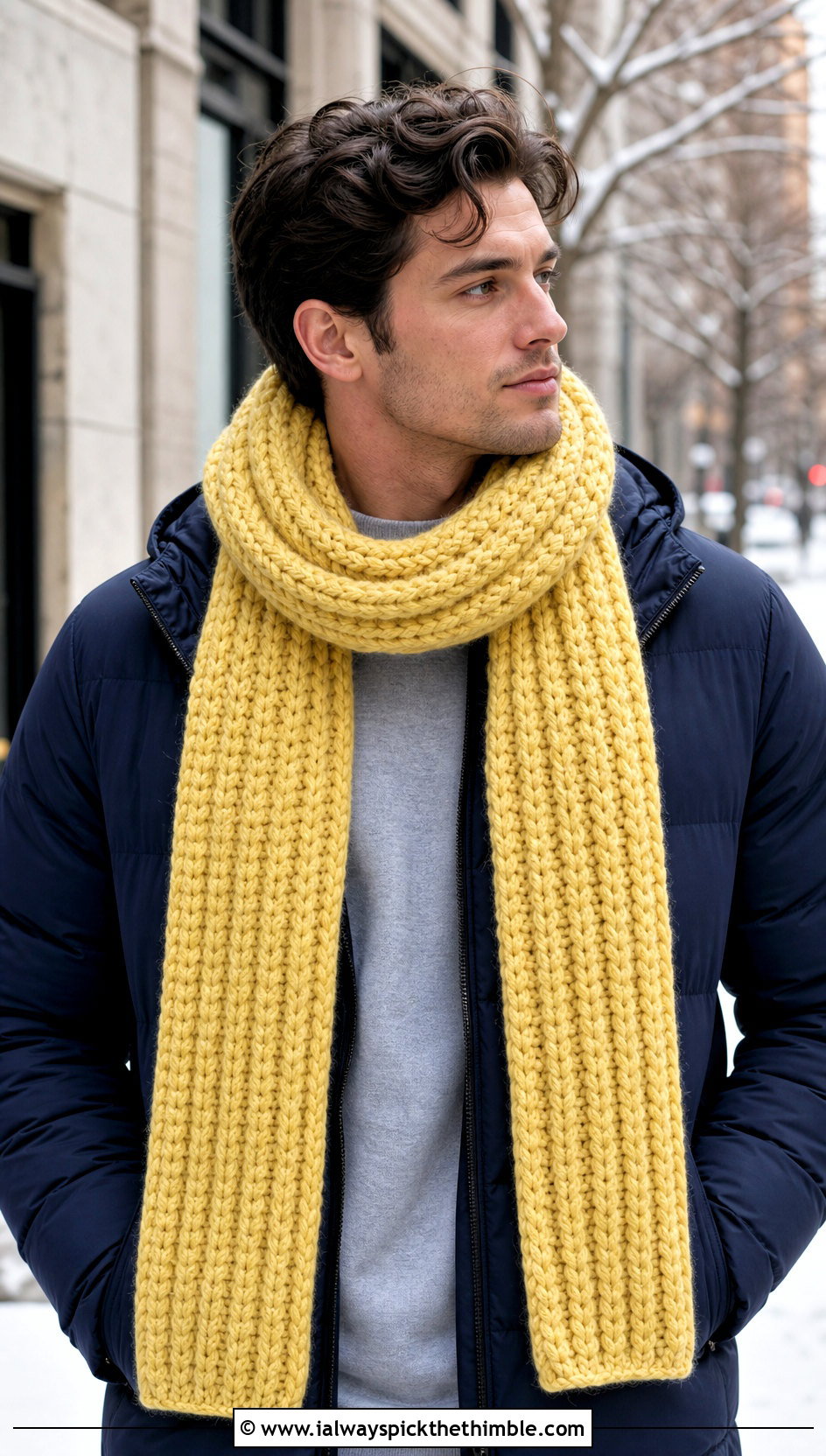 Chunky Ribbed Crochet Scarf With Puffer Jacket - 20 easy crochet scarf men outfit ideas
