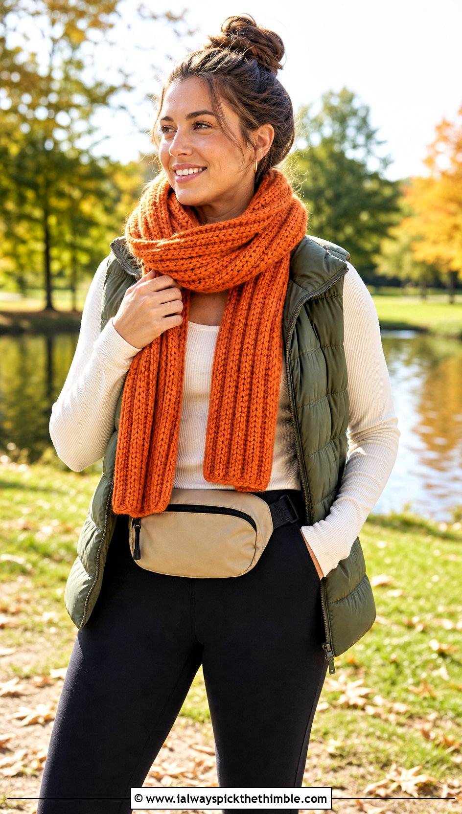 Chunky Ribbed Crochet Scarf With Puffer Vest - 20 Crochet Fun Scarf outfit ideas