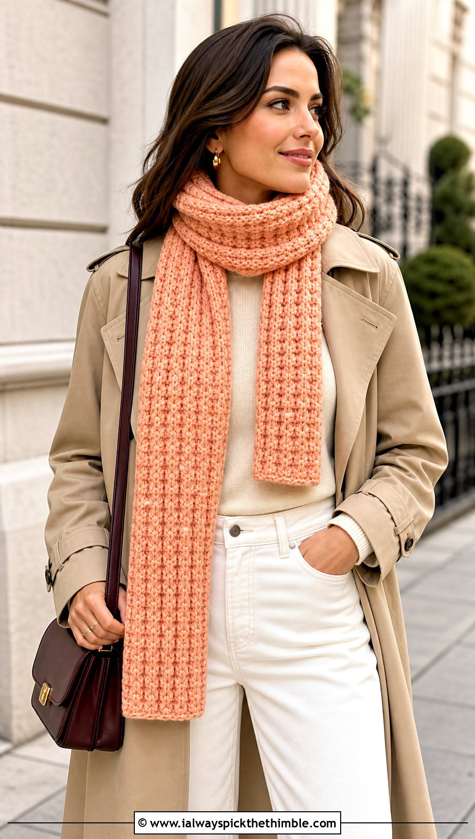 Chunky Ribbed Crochet Scarf With Trench Coat - 20 autumn crochet scarf outfit ideas