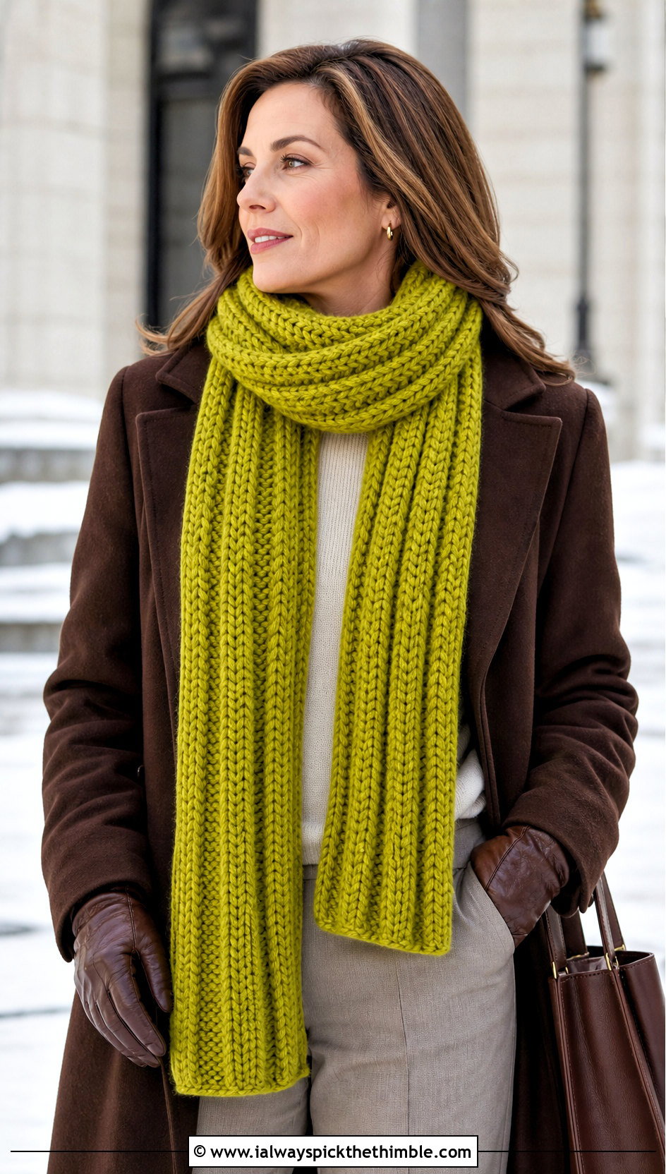 Chunky Ribbed Crochet Scarf With Wool Coat - 15 Vibrant Crochet Scarf outfit ideas