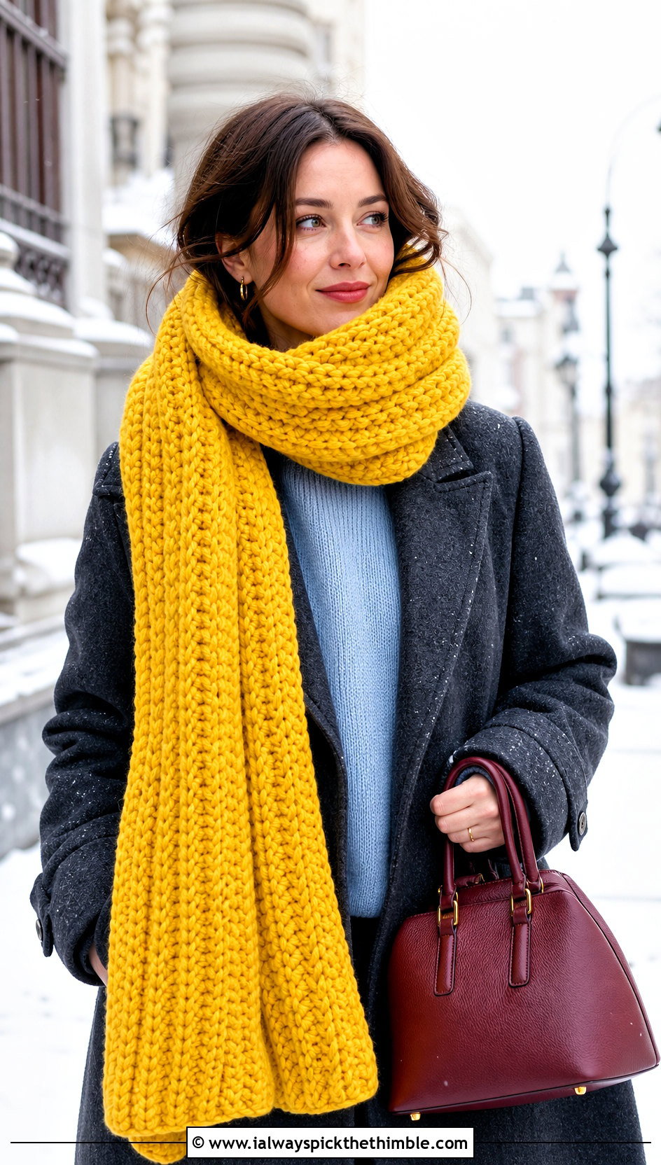 Chunky Ribbed Crochet Scarf With Wool Coat - 20 Beautiful Crochet Scarf outfit ideas